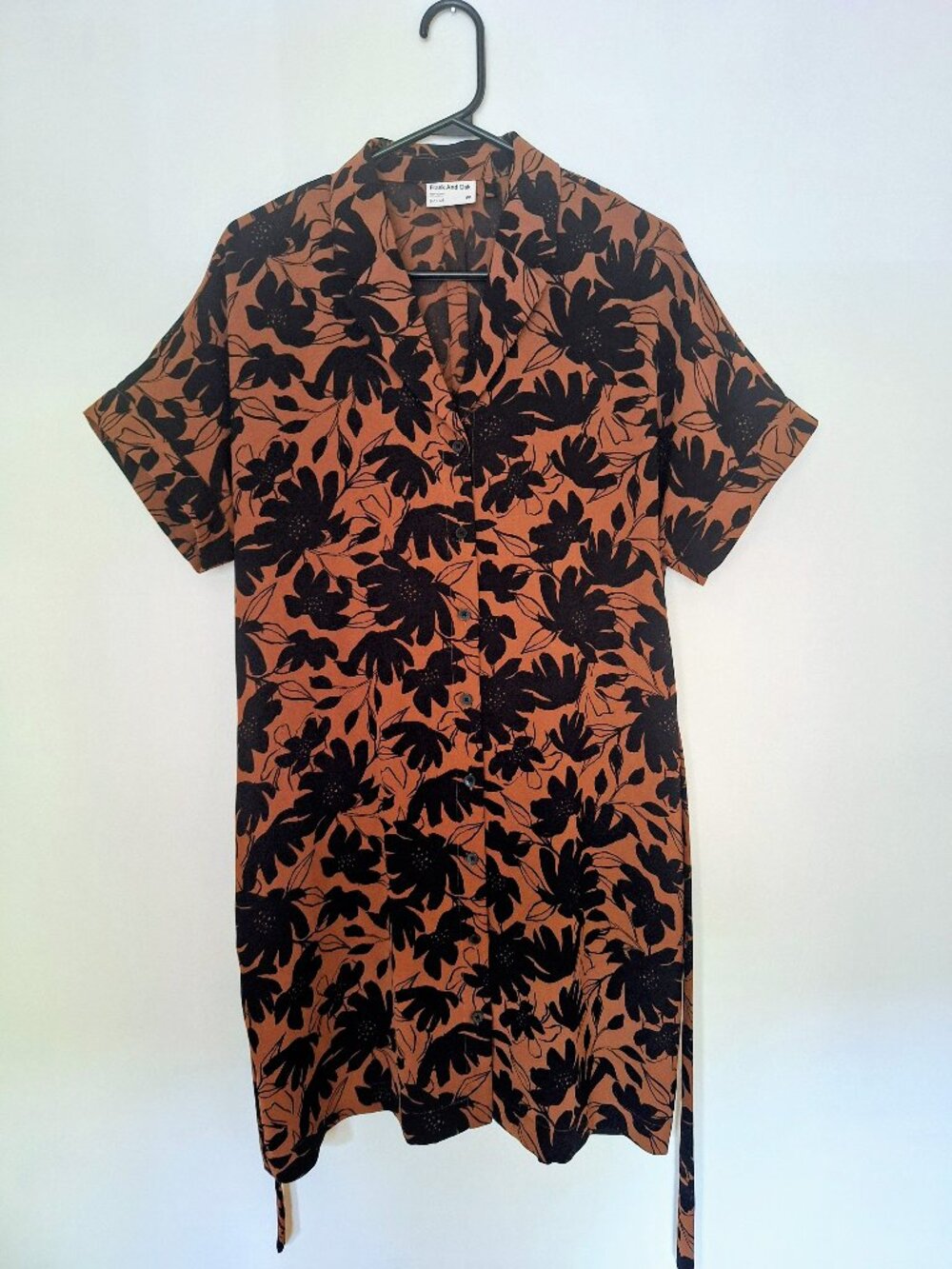 Frank & Oak brown dress with bold black floral pattern
